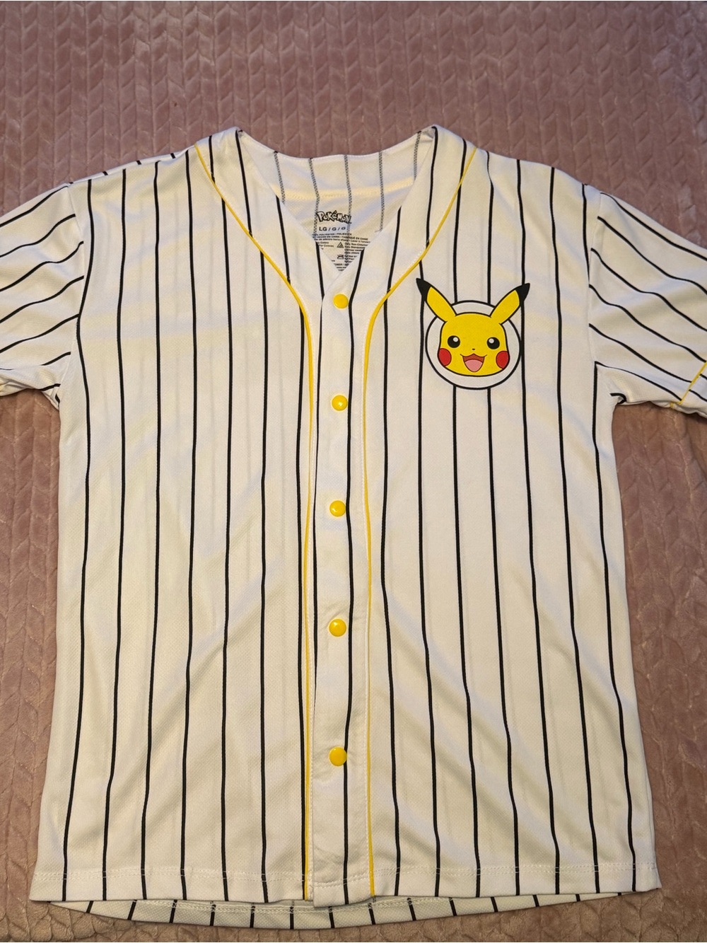 Pokemon White Pinstripe Baseball Jersey with Yellow Trim and Pikachu Patch